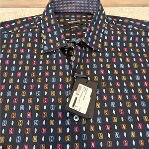 Bugatchi Navy Button-Down Shirt with Multicolor Geometric Motif